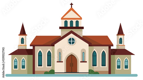 This artwork depicts a charming church featuring prominent steeples, arched windows, and a welcoming entrance, designed with a vibrant color palette.