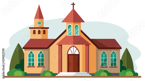This illustration features a charming church with a tall steeple and intricate stained glass windows, nestled among lush greenery, creating a tranquil atmosphere.