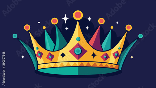 A vibrant crown design adorned with jewels and decorative features shines against a dark background, perfect for celebrations and royal-themed events.