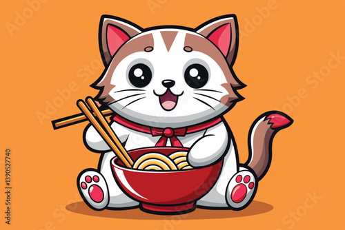 A cheerful cartoon cat sits happily, holding chopsticks while savoring a large bowl of noodles. The background is a lively orange, enhancing the playful atmosphere.