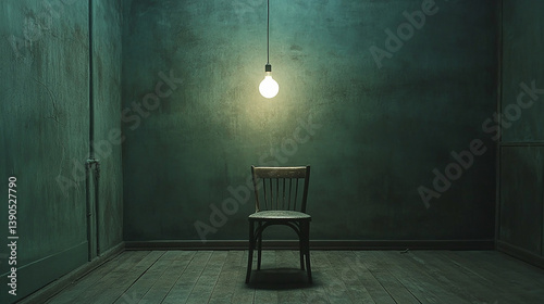 Chair under a single hanging bulb in a centered frame