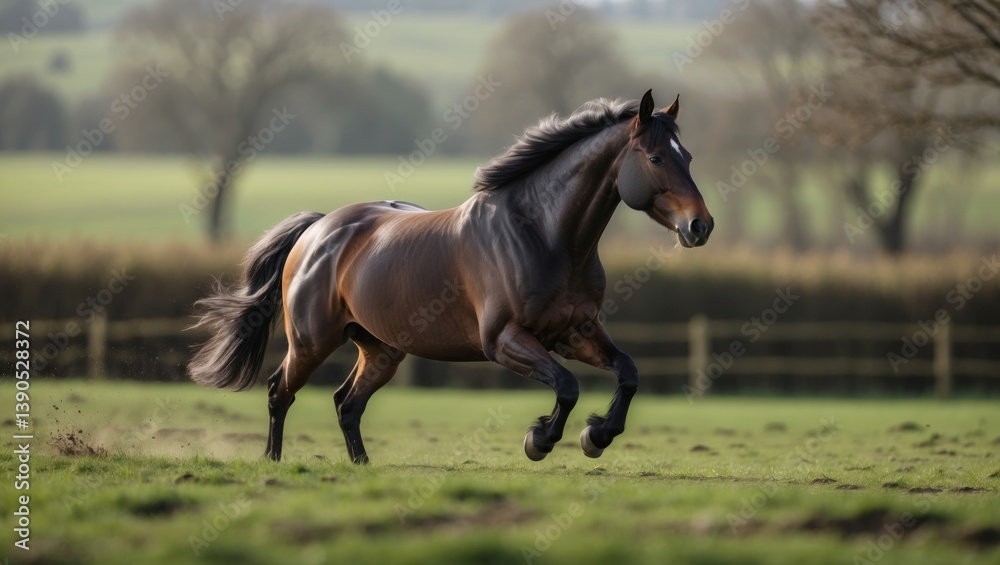 Obraz premium Galloping bay horse against a backdrop of green grass