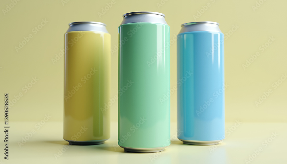 A mockup of a beverage tin can in a minimalist 3D style with realistic rendering. The can features a metallic texture with a matte finish, placed against a neutral background, ideal for showcasing bra A mockup of a beverage tin can in a minimalist 3D style with realistic rendering. The can features a metallic texture with a matte finish, placed against a neutral background, ideal for showcasing bra