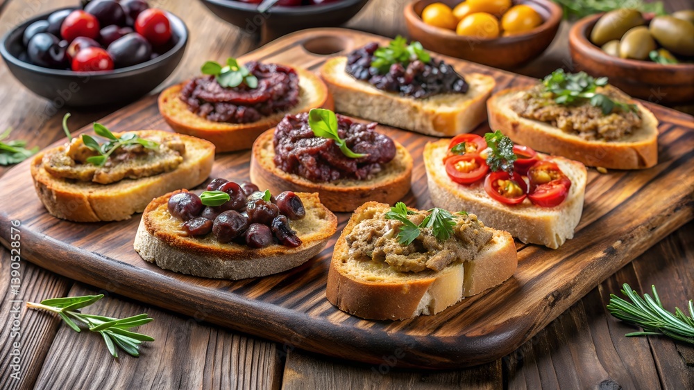 Appetizing Bruschetta: A close-up shot of an enticing tray of bruschetta showcases a variety of gourmet toppings over toasted bread slices, ideal for culinary use and dining. Appetizing Bruschetta: A close-up shot of an enticing tray of bruschetta showcases a variety of gourmet toppings over toasted bread slices, ideal for culinary use and dining.