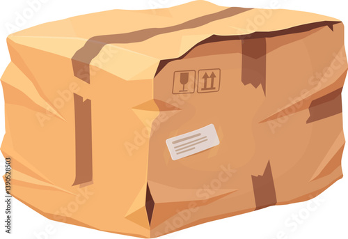 Delivery box damage or cardboard cargo package broken and crumpled, vector ripped parcel. Crushed cardboard box or damaged carton package with ripped torn sides and fragile signs for delivery
