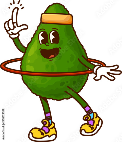 Avocado groovy happy character with hula hoop. Tropical fruit cartoon cheerful character, fresh vegan food plant 60s 70s funky vector character. Ripe avocado retro groovy happy personage on fitness