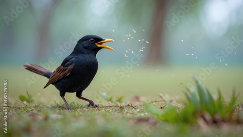 Energetic common mynas play and chirp in the park, infusing life into the calm environment.