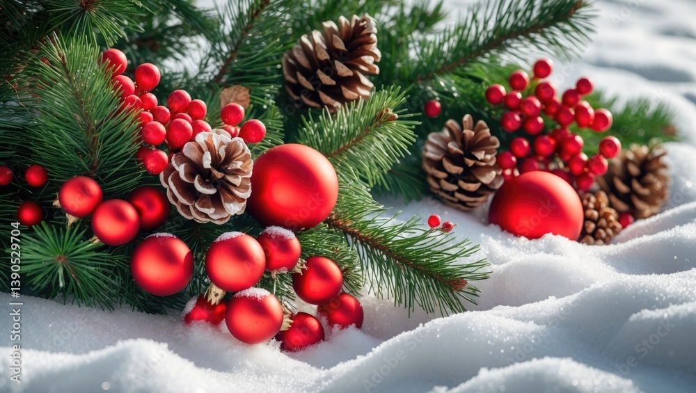 Fototapeta premium Isolated Berry Branch and Pine Tree Cone with Christmas Red Berries Decoration on Snowy Winter Background