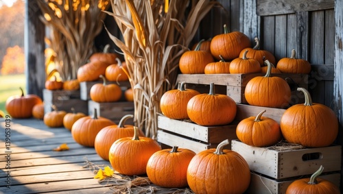 Bins filled with orange pumpkins and dried corn stalks for decor.