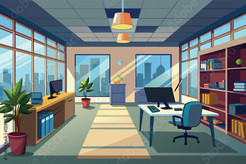 A contemporary office features spacious desks, computer setups, and vibrant plants, filled with natural light in an urban environment, creating an inviting work atmosphere.