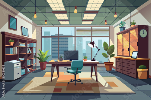 A bright office space showcases a stylish arrangement of plants, a desk with a computer, and large windows offering a view of the city skyline.
