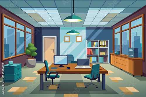 A modern office features large windows that overlook the city, a wooden desk with multiple computer screens, and stylish furniture creating an inviting work environment.