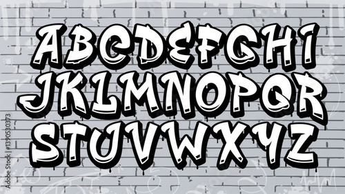 Graffiti font or hip hop type in street art, typeface with grunge English alphabet, vector ABC. Urban style font with wall graffiti paint letters for old school typeface, rap music or street hip hop