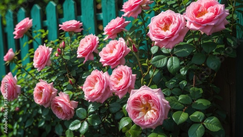Fototapeta Naklejka Na Ścianę i Meble -  Lovely rose bush with pink blooms along the garden fence.