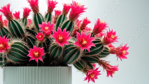 Lovely flowering cacti houseplant featuring bright pink and red blossoms in a white pot set against a white backdrop