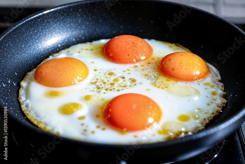 four eggs being fried in a black frying pan cuatro huevos fritos en una sartén negra sahanda yağda yumurta