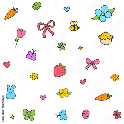 Hello April . Cute set of spring elements. Birds, flowers, insects, leaves.  flowers in bloom, geese and rabbits, vintage style, vector design. Happy Easter poster. Easter eggs and bunny in flowers 