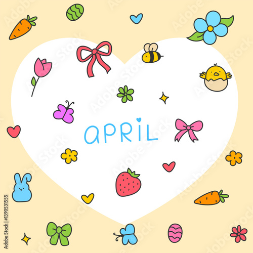 Hello April . Cute set of spring elements. Birds, flowers, insects, leaves.  flowers in bloom, geese and rabbits, vintage style, vector design. Happy Easter poster. Easter eggs and bunny in flowers 