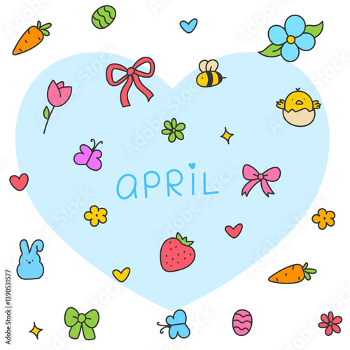 Hello April . Cute set of spring elements. Birds, flowers, insects, leaves.  flowers in bloom, geese and rabbits, vintage style, vector design. Happy Easter poster. Easter eggs and bunny in flowers 