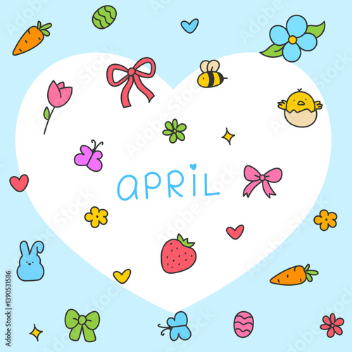 Hello April . Cute set of spring elements. Birds, flowers, insects, leaves.  flowers in bloom, geese and rabbits, vintage style, vector design. Happy Easter poster. Easter eggs and bunny in flowers 