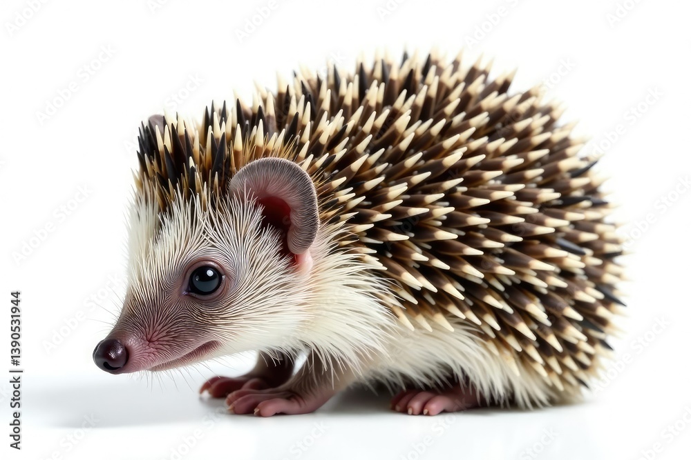 Obraz premium Tiny hedgehog, curled in defense, isolated on pure white background, element, photography, illustration