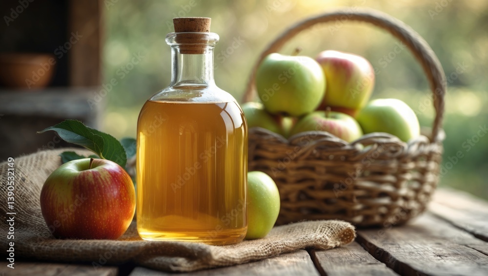 Fresh ripe apples alongside a glass bottle of apple cider vinegar on a wooden table in a natural environment Fresh ripe apples alongside a glass bottle of apple cider vinegar on a wooden table in a natural environment