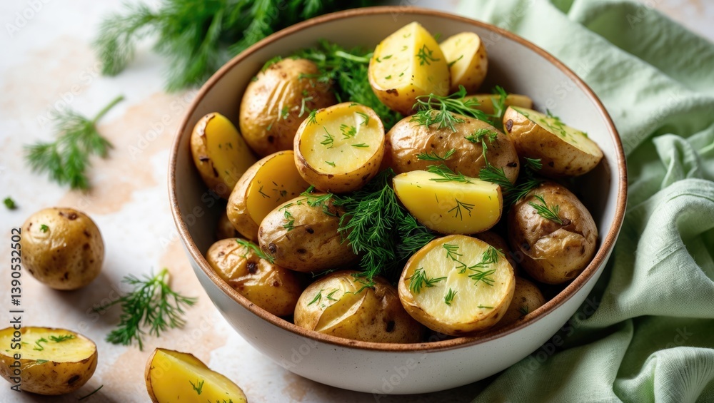 Baked new potatoes with dill and butter, made at home, no people Baked new potatoes with dill and butter, made at home, no people