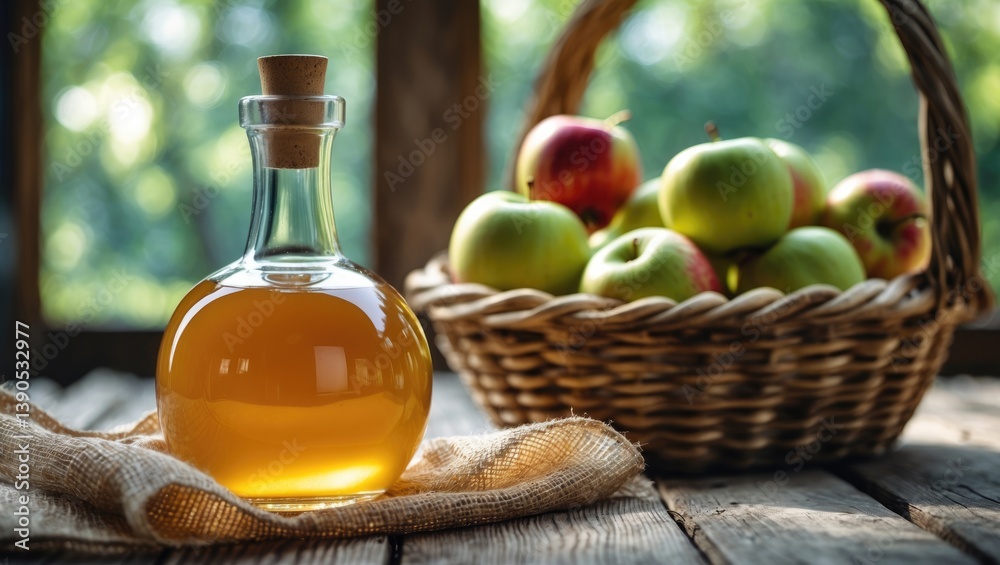 Glass bottle of apple cider vinegar and fresh ripe apples on a wooden table in a natural setting Glass bottle of apple cider vinegar and fresh ripe apples on a wooden table in a natural setting