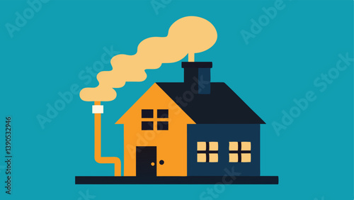 Energy Consumption A stylized house with electrical appliances emitting clouds of smoke from its roof symbolizing the dependency on fossil fuels for energy.