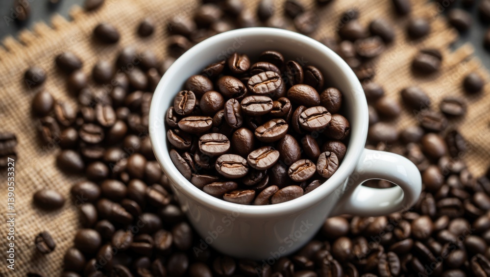 Fototapeta premium Top view of a coffee cup filled with brown decaf roasted coffee beans. Roasted coffee beans on a flat surface. Coffee beans theme.