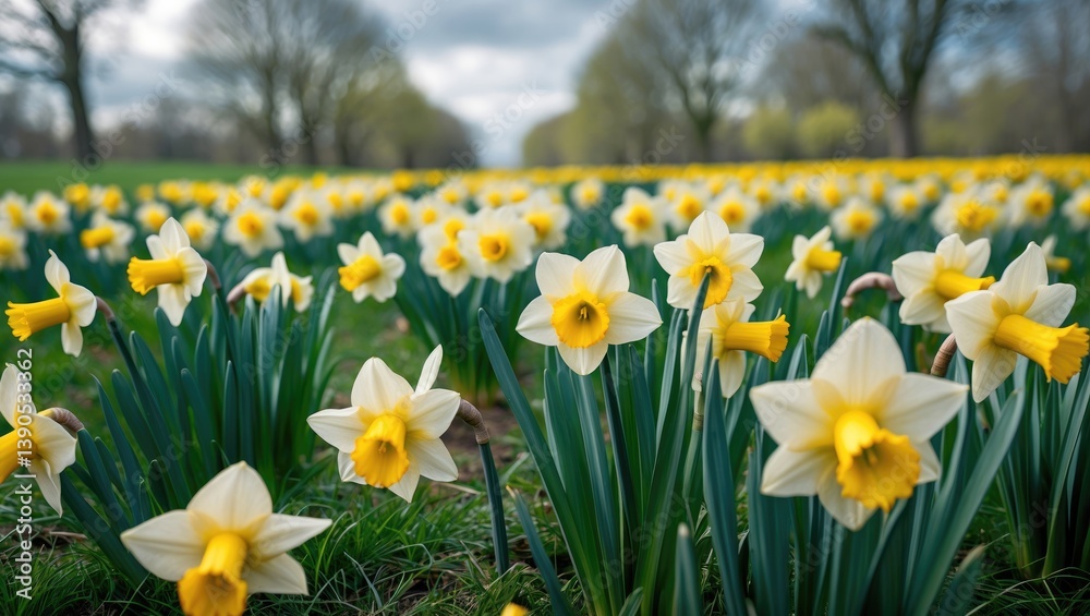 Fototapeta premium As spring blossoms, radiant daffodils appear among the verdant grass, their sunny petals infusing color into the rejuvenating landscape.