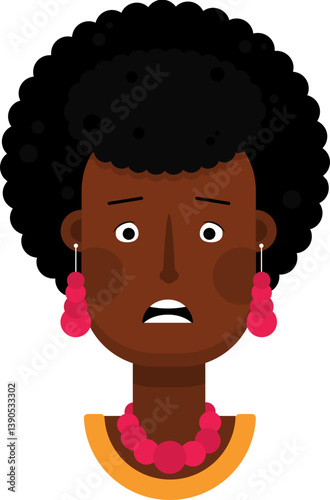 Female character in cartoon style expressing fear with wide eyes, slightly open mouth, and tense features.