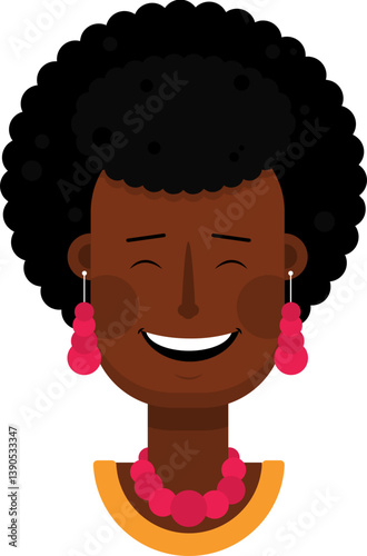 Black woman in cartoon style smiling gently with earrings, necklace, and curly short hair.