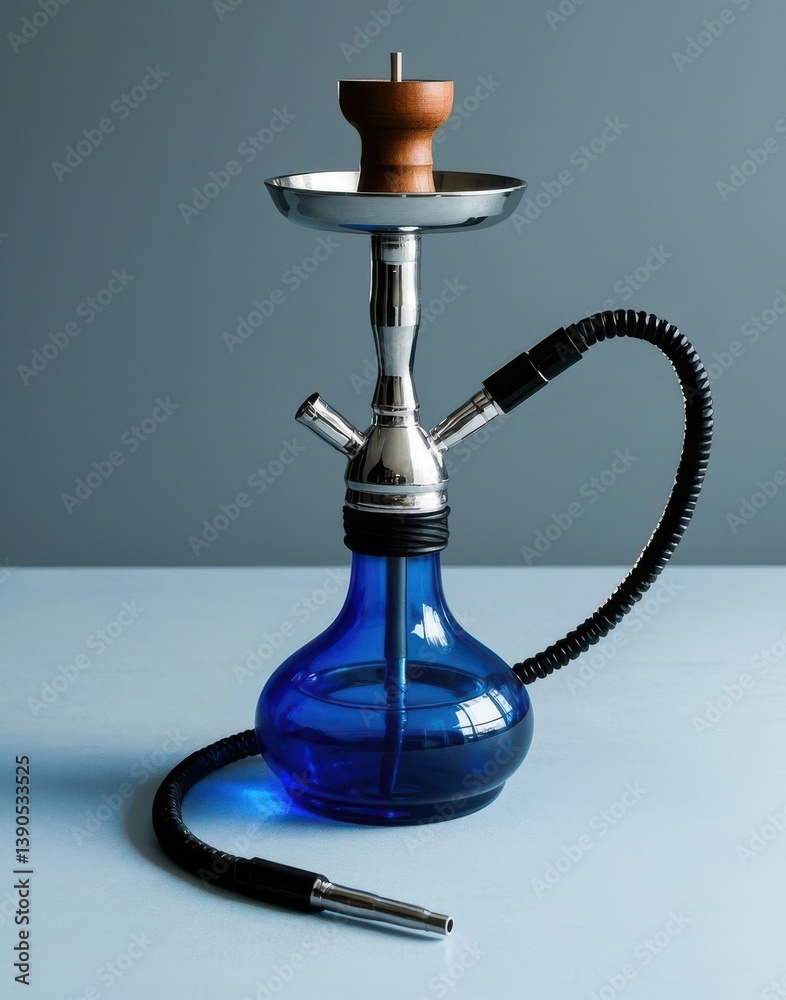 Hookah with metal and glass parts placed on a white background with chess and lamp elements Hookah with metal and glass parts placed on a white background with chess and lamp elements