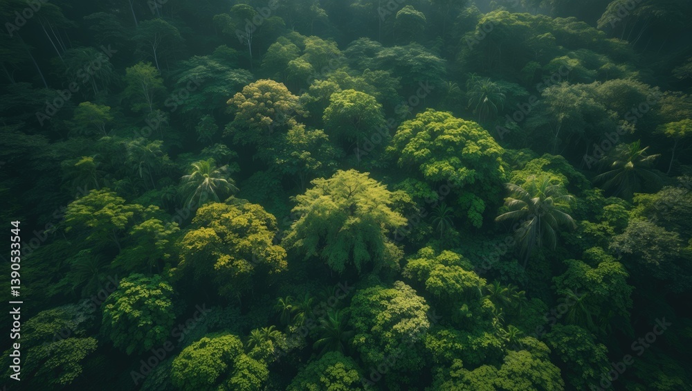 Fototapeta premium Drone perspective of thick green trees absorbing CO2.