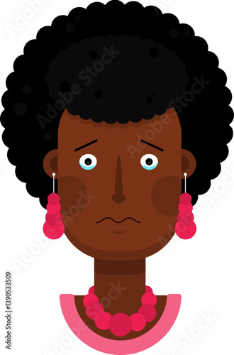 Female cartoon character with a sad face, curly hair, and visible tears forming below both eyes.