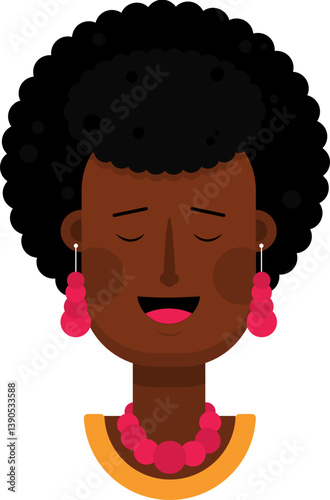 Vector face of a black cartoon woman with a confident look, lifted eyebrows, and slight upward mouth curve.