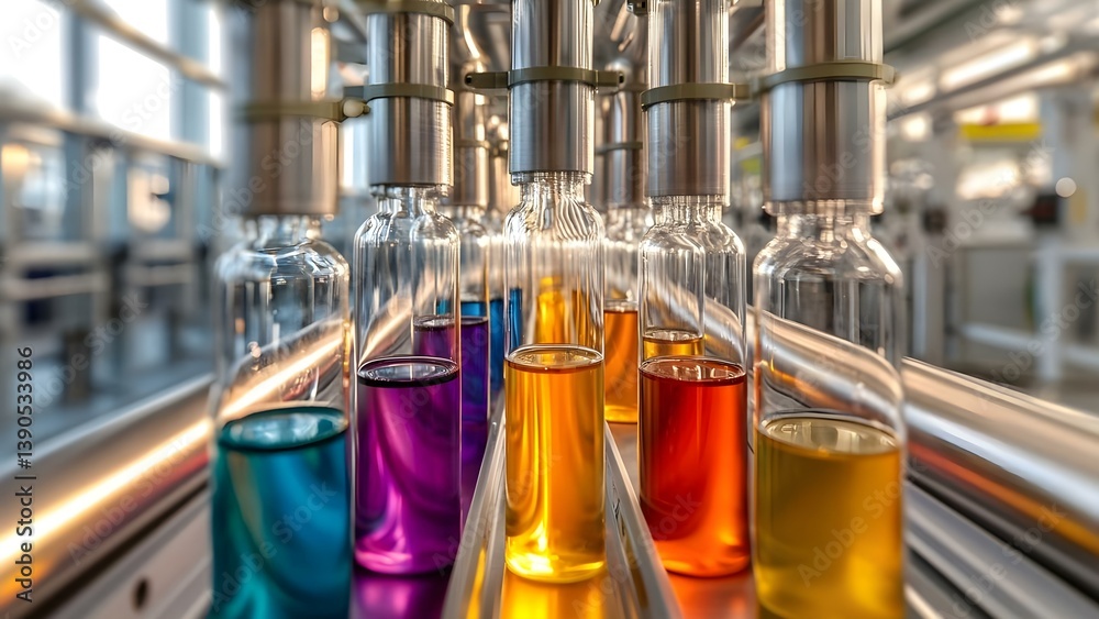 Glass bottles filled with colorful liquids are arranged in a production line, reflecting light in a bright, modern setting. Concept Colorful Liquids, Reflective Surfaces, Modern Production Line