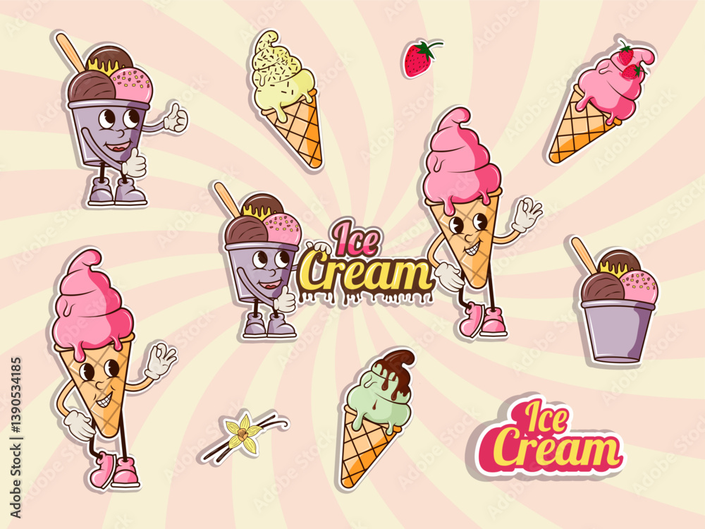 A fun and colorful set of groovy ice cream stickers with cones, cups and toppings on a retro swirl background. Perfect for kids branding, summer themes, packaging, promotions