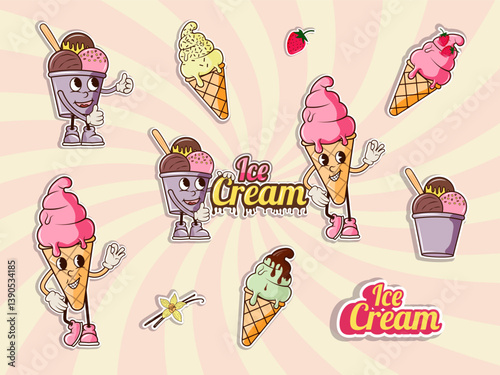 A fun and colorful set of groovy ice cream stickers with cones, cups and toppings on a retro swirl background. Perfect for kids branding, summer themes, packaging, promotions