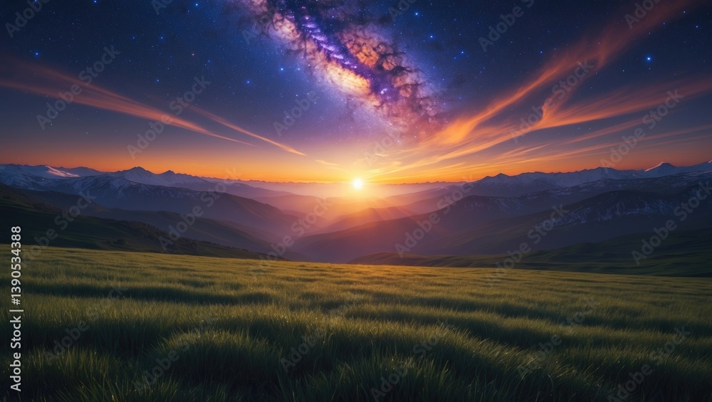 Fototapeta premium Gorgeous sunrise featuring stars and the galaxy against a night backdrop.