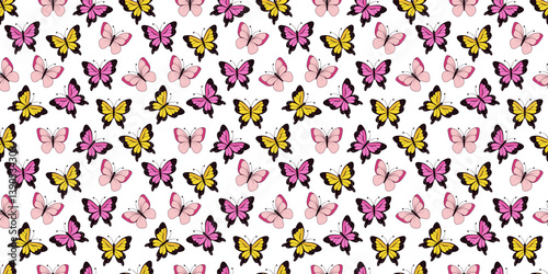 Seamless vector pattern featuring yellow, pink, and peach butterflies with black outlines, arranged in a regular layout on a white background, cartoon style