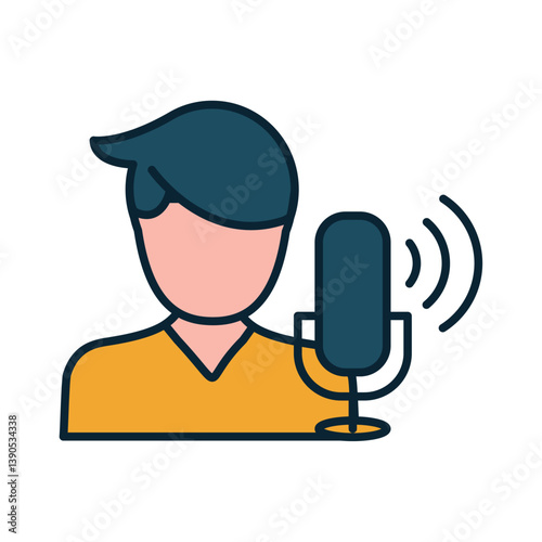 Flat vector illustration of a person speaking into a microphone, representing podcasting, broadcasting, or audio recording