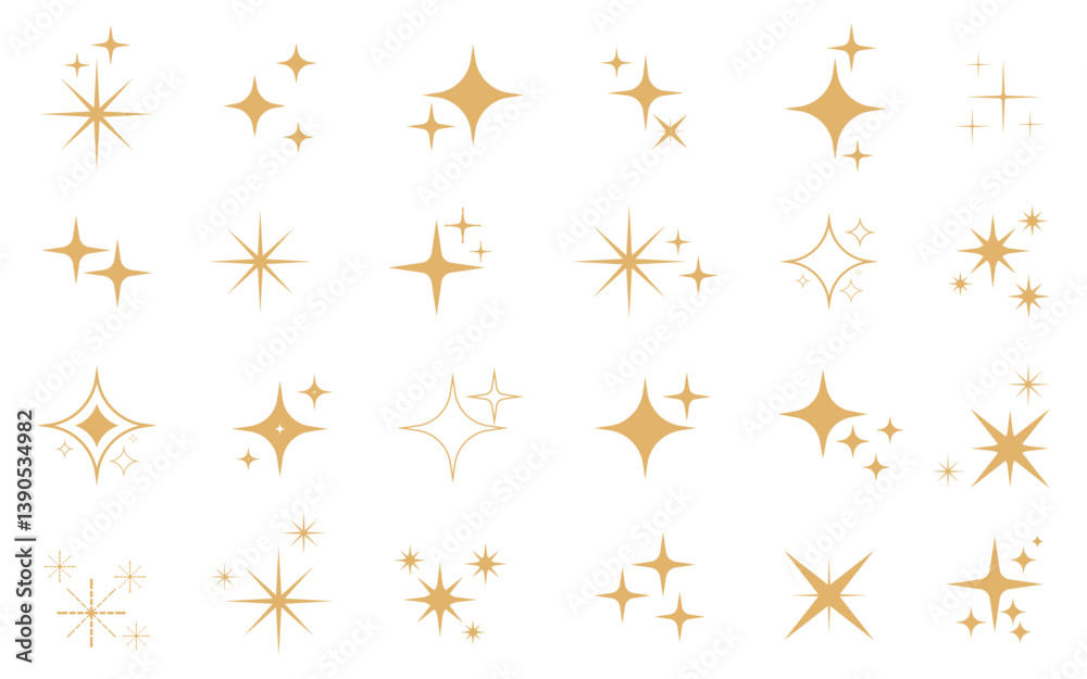 Gold sparkle set golden star vector icon collection decorative ornamental creative fastive abstract elements shiny twinkle yellow stars Gold sparkle set golden star vector icon collection decorative ornamental creative fastive abstract elements shiny twinkle yellow stars