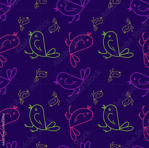 Vector seamless pattern with painted bird. Abstract illustration of wild nature. Contour background.