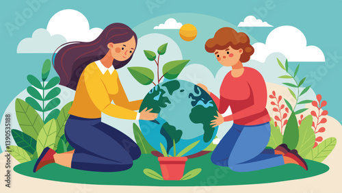 In a colorful garden, two women care for a small globe adorned with plants, symbolizing environmental stewardship on a bright and cheerful day.
