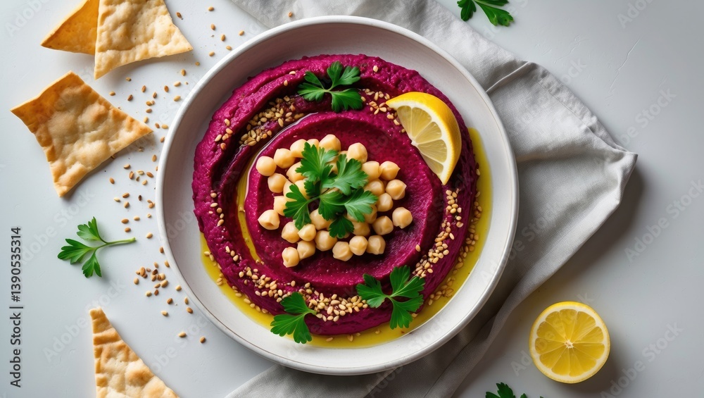 Gray background featuring a plate of beetroot hummus topped with parsley and olive oil from above. Gray background featuring a plate of beetroot hummus topped with parsley and olive oil from above.