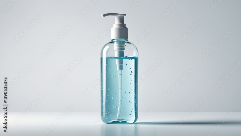 Container of hand sanitizer, antibacterial liquid gel set against a white backdrop Container of hand sanitizer, antibacterial liquid gel set against a white backdrop