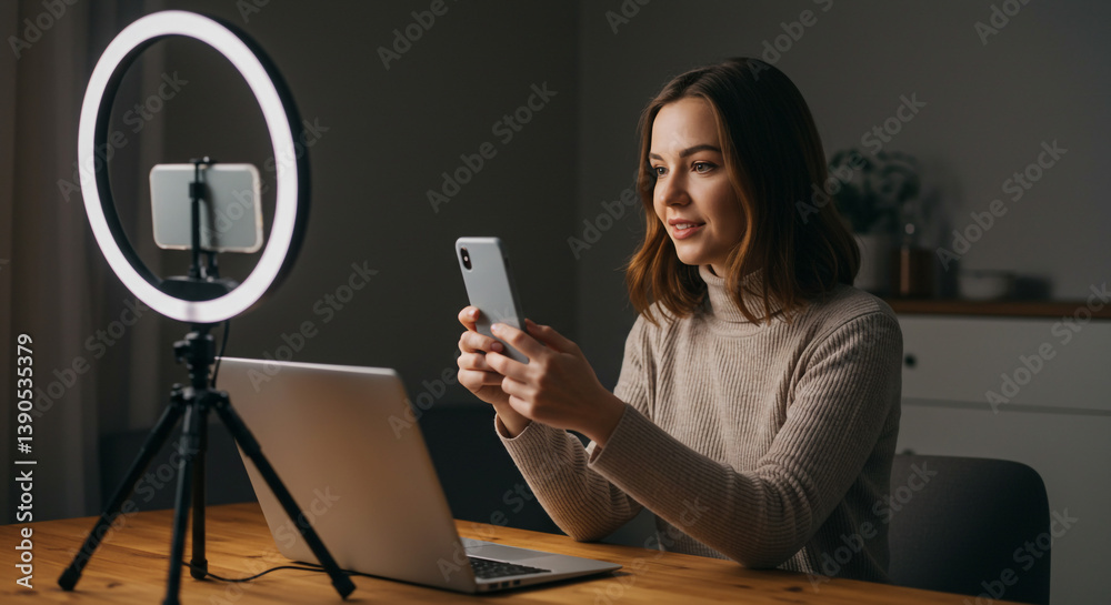 A focused young woman livestreaming, connecting with her audience, sharing her passion and expertise in a cozy home setting under soft, warm light. A focused young woman livestreaming, connecting with her audience, sharing her passion and expertise in a cozy home setting under soft, warm light.