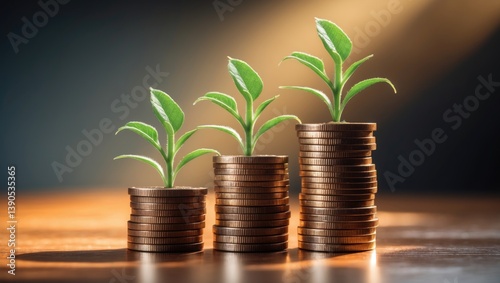 The idea of economic advancement, frugal living, and entrepreneurial concepts, depicted by trees emerging from a coin mound on a wooden table, indicating financial expansion.
